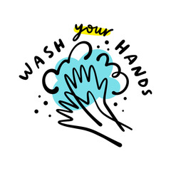 Fototapeta premium Hand drawn self care doodle art soap and lettering text about washing hands, antimicrobial illustration, stay safe and sanitize in pandemy time. Kawaii childish cute style drawing.