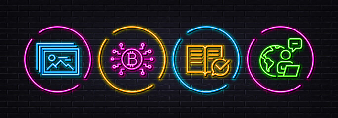 Image gallery, Approved documentation and Bitcoin system minimal line icons. Neon laser 3d lights. Outsource work icons. For web, application, printing. Vector
