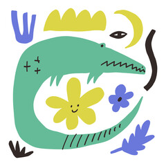 Green alligator hand drawn flat doodle vector illustration in Scandinavian style. Cute cartoon african exotic animal reptile. Funny groovy crocodile collage, tropical character in floral frame