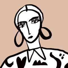 Fashion illustration young girl minimalist pastel beige color modern abstract portrait with vector clipart isolated on monochrome background. Trendy doodle cartoon style. Design for t-shirt, posters
