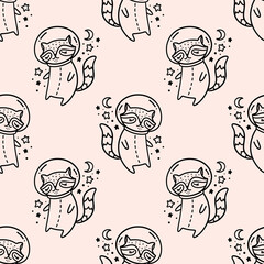 Hand drawn cute funny nursery Scandinavian style astronaut raccoon animal in space seamless pattern background. Line contour colored doodle cartoon cosmic celestial drawing. Little explorer concept