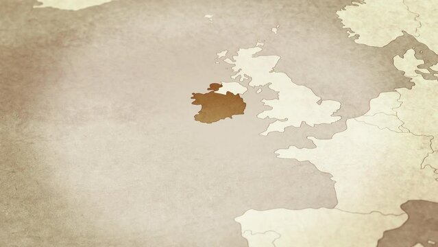 Vintage map showing Ireland. From above zooming in.
