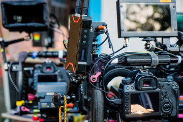 Fototapeta premium detail of Video camera , film crew production, behind the scenes background