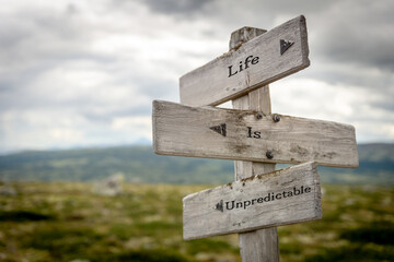 life is unpredictable text quote written on wooden signpost at crossroads outdoors in nature