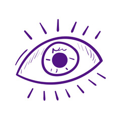 Doodle purple eye icon. Vector line art on white background.