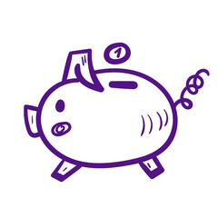 Doodle purple piggy bank. Coin bank line art vector icon on white background.