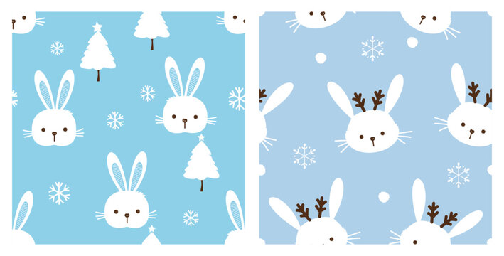 Christmas seamless patterns with little rabbit cartoons, pine tree and snowflakes on blue backgrounds vector illustration.