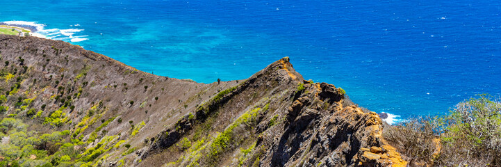 view of koko crater rim and oahu island panorama from the top of the famous koko crater railway trailhead, oahu, hawaii, hiking in hawaii, hawaii holidays