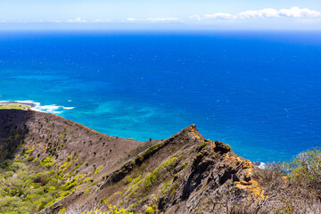 view of koko crater rim and oahu island panorama from the top of the famous koko crater railway...