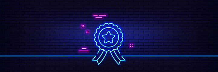 Neon light glow effect. Winner ribbon line icon. Award medal sign. Best achievement symbol. 3d line neon glow icon. Brick wall banner. Winner ribbon outline. Vector © blankstock