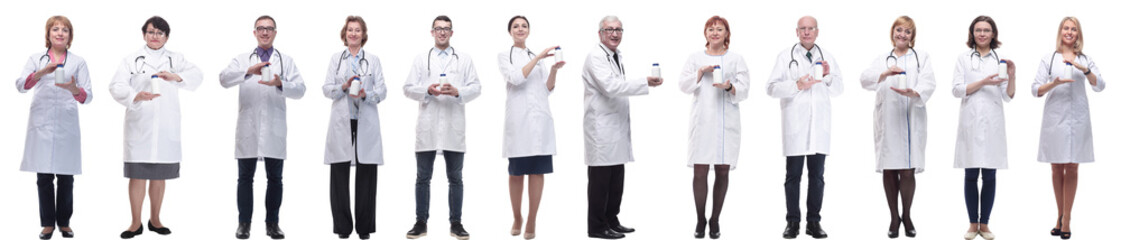 group of doctors holding jar isolated on white