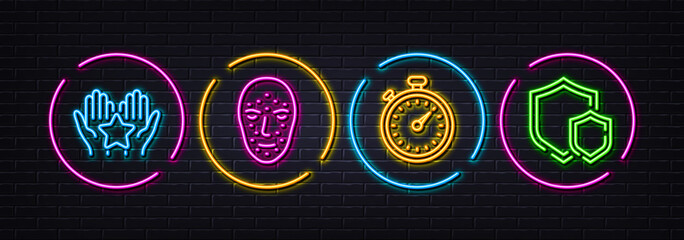 Timer, Ranking and Face biometrics minimal line icons. Neon laser 3d lights. Shields icons. For web, application, printing. Stopwatch gadget, Hold star, Facial recognition. Safe secure. Vector