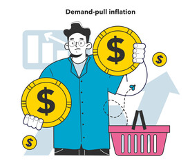 Demand-pull inflation. Growing up prices and value of money recession