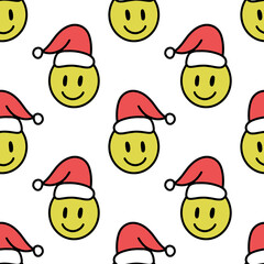 Funny groovy cartoon yellow smiley in Santa hat, psychedelic surreal smile emoji face head seamless pattern on white background. New Year and Christmas characters, grunge graffiti trippy hippie