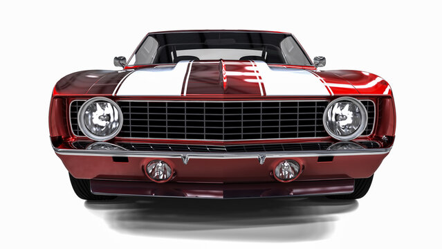 3D realistic illustration. Muscle red car rendering isolated on white background. Front perspective view. Vintage classic sport car.	