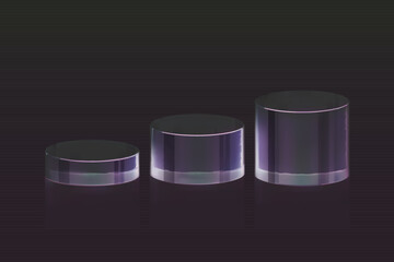 3d glass podium on black background. Beauty product display cosmetic minimal scene. Vector cosmetic promotion stage.