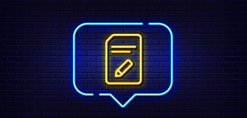 Neon light speech bubble. Edit Document line icon. Information File sign. Paper page with pencil concept symbol. Neon light background. Edit document glow line. Brick wall banner. Vector