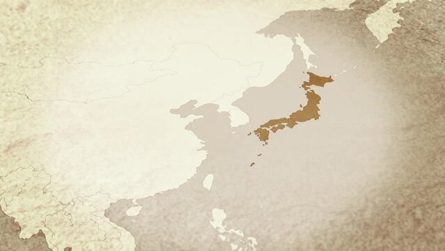 Vintage map showing Japan. From above zooming in.
