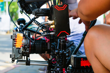 Fototapeta premium detail of Video camera , film crew production, behind the scenes background