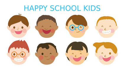 Set of 8 happy kids avatar. Collection of 8 school little boy happy face portrait. Happy talking with friend. Happy school student, Sets of 8 school happy children's avatar vector.  