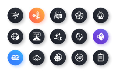 Minimal set of Settings gears, Stress grows and Copywriting notebook flat icons for web development. Low thermometer, Windy weather, Cloud computing icons. Fake review, 360 degrees. Vector