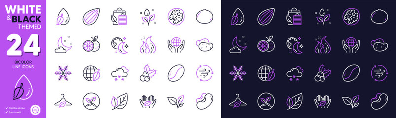 Fire energy, Christmas holly and Leaf line icons for website, printing. Collection of Fair trade, Sleep, Night weather icons. Startup, Potato, Coffee beans web elements. Water drop. Vector