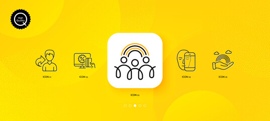 Fototapeta na wymiar Lgbt, Inclusion and Online shopping minimal line icons. Yellow abstract background. Face biometrics, Share icons. For web, application, printing. Rainbow care, Equity rainbow, Black friday. Vector