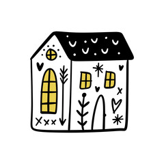 Fototapeta premium Cute little doodle cartoon house building flat vector clipart hand drawn illustration isolated on white background.