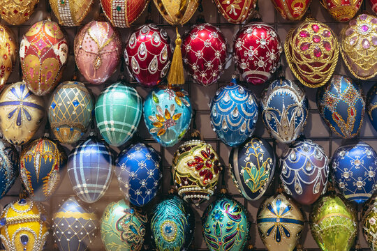 Nowa Deba, Poland - March 13, 2022: Faberge egg style Christmas balls in Museum of Christmas Glass Balls in Nowa Deba