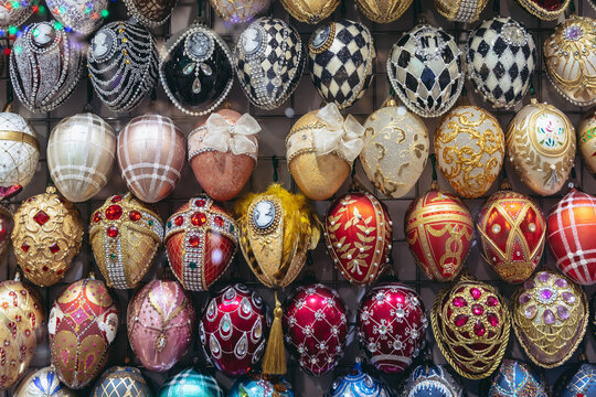 Nowa Deba, Poland - March 13, 2022: Faberge egg style Christmas balls in Museum of Christmas Balls in Nowa Deba town