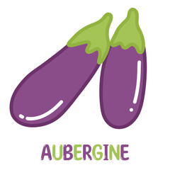 Aubergine or eggplant. Hand drawn flat glossy fruits cartoon vector illustration with cute glossy letters isolated on white background.