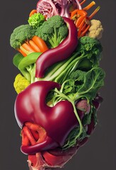 Anatomically correct heart as a sculpture of fruits vegan. Heart shape by various vegetables and fruits. Healthy food concept