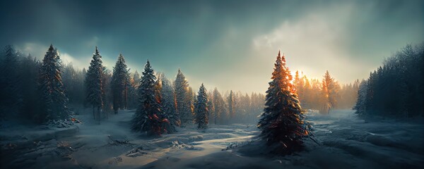 Dromerige wintertijdachtergrond met een boslandschap en sneeuw. Bomen tijdens het winterseizoen met warm zonlicht. De mooie 3d natuurscène geeft terug.