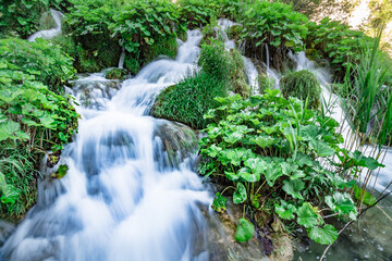 Majestic view of waterfall with crystal clear water in forest in The Plitvice Lakes National Park...