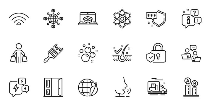 Outline set of Ab testing, Clean bubbles and Shield line icons for web application. Talk, information, delivery truck outline icon. Include Brush, Open door, Chemistry atom icons. Vector