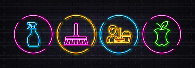 Cleaning service, Spray and Cleaning mop minimal line icons. Neon laser 3d lights. Organic waste icons. For web, application, printing. Bucket with mop, Washing cleanser, Sweep a floor. Vector