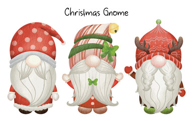 Collection Christmas Gnome - Merry Christmas. Hand drawn vector illustration watercolor cute gnome banner design. Xmas design for holidays decoration, greeting cards, gift tags, t-shirt print.
