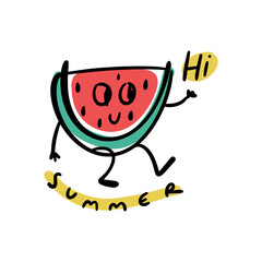 Cute vector doodle smiling funny groovy cartoon baby watermelon happy character saying Hi. Vitamin positive summer fruit lettering concept. Vector flat kawaii hand drawn adorable illustration
