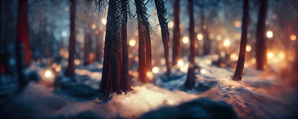 Dreamy winter season background with a forest landscape and snow. Trees during the winter season with warm sunlight. Beautiful nature scene 3d render.