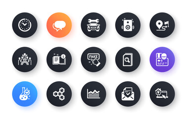 Minimal set of Journey, Money diagram and Chemistry lab flat icons for web development. Search files, Cyber attack, Talk bubble icons. Inclusion, Fake information, Car web elements. Vector