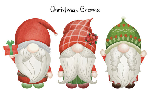 Collection Christmas Gnome - Merry Christmas. Hand drawn vector illustration watercolor cute gnome banner design. Xmas design for holidays decoration, greeting cards, gift tags, t-shirt print.