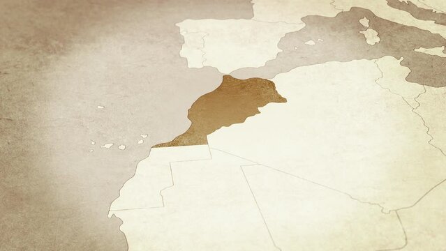 Vintage map showing Morocco. From above zooming in.