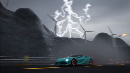 super car driving and wind turbine background