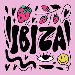 Ibiza holiday chill lettering funny cartoon trendy text with groovy character elements. Hippy typography bright chill type print. 70s retro festival inspiration positive inscription. Perfect for