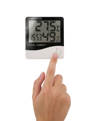 a woman adjusts the temperature on the device on a transparent background close-up