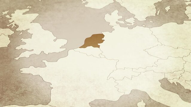 Vintage map showing Netherlands. From above zooming in.