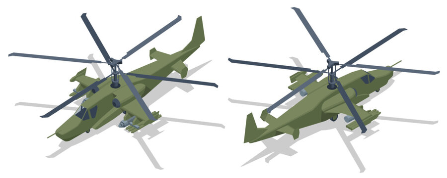 Isometric Attack helicopter, scout helicopter Ka-50, ka-52 , Black Shark, Soviet Union or Russia heavily armed scout helicopter. Military Aviation