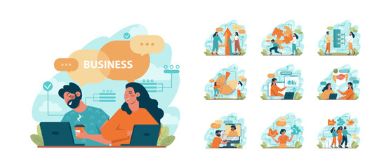 Business merger concept set. Business acquisition, progress and success.