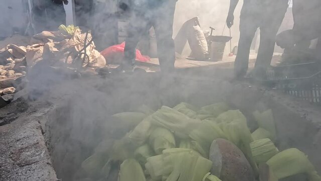 Pachamanca elaboration process in Peru. Food concept and traditions of Peru (South America).