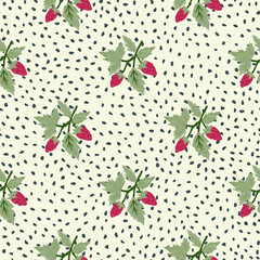 Freehand wild strawberry branch seamless pattern. Hand drawn wild berries floral wallpaper. Strawberry plant endless backdrop.